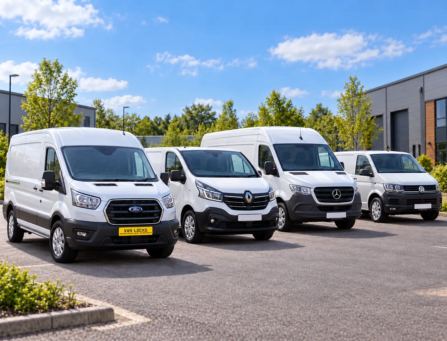 Illustrative mixed fleet of Ford Transit, Renault Trafic, Mercedes Sprinter and Volkswagen Transporter vans