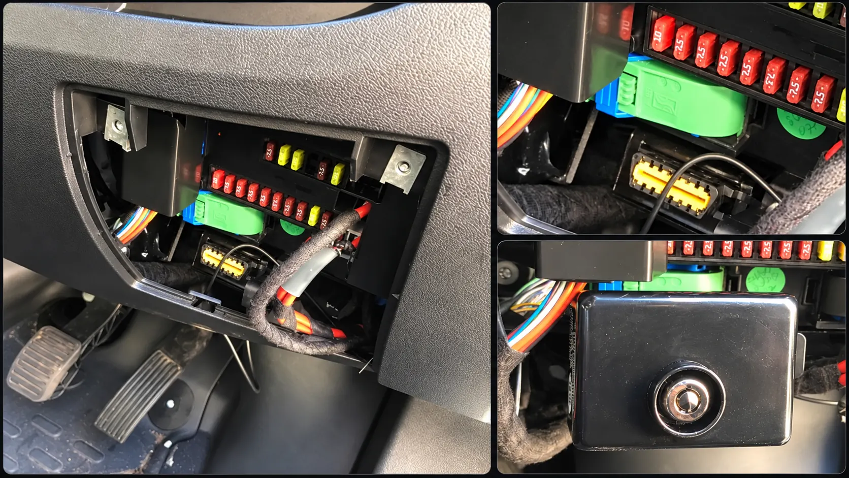 Van-Locks OBD lockbox installation: diagnostic-port area and lockable security box under a vehicle dashboard